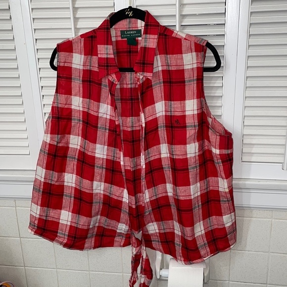 Lauren Ralph Lauren Tops - Lauren Ralph Lauren country tie up sleeveless collared top red black dark blue